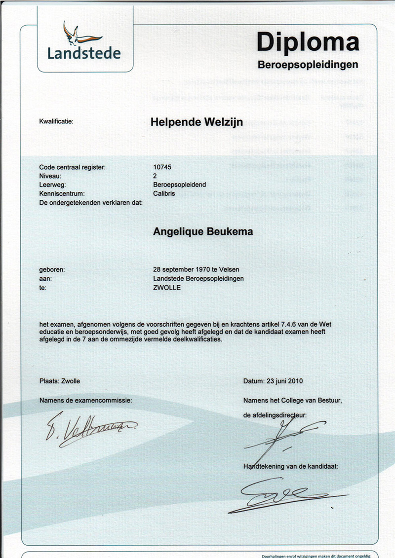 Diploma Helpende Welzijn Angelique